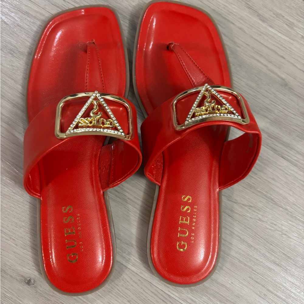 Guess Red Sandals with Gold Emblem